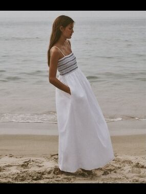 Zara White Maxi Dress with Black And White Embroidered Bodice